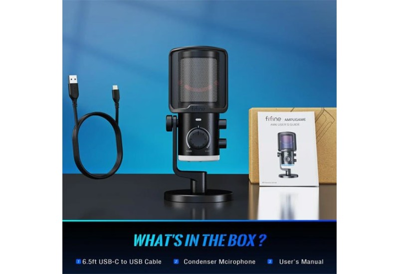 FIFINE AMPLIGAME AM6 CONDENSER MIC WITH GAME/CHAT MIX, NOISE SUPPRESSION, MONITORING, I/O LEVEL & RGB CONTROLS