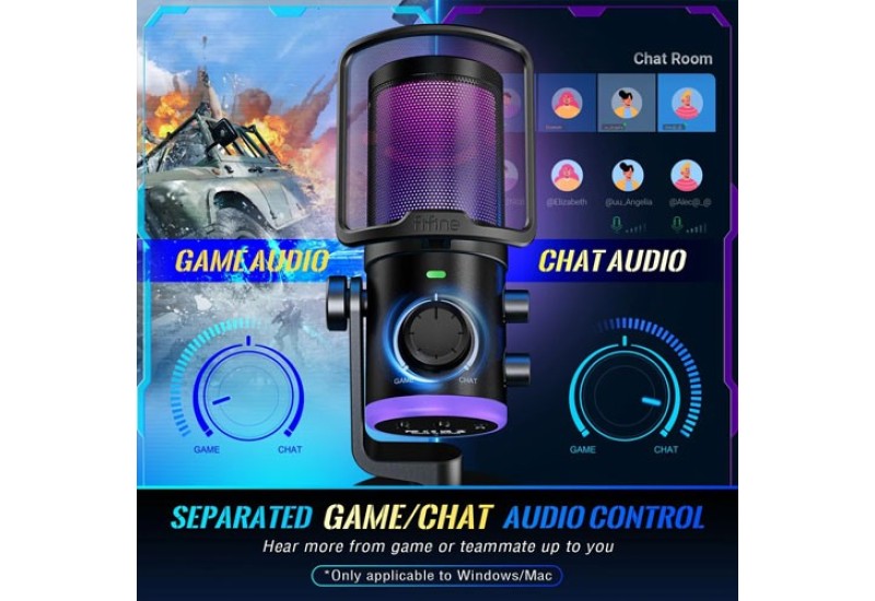 FIFINE AMPLIGAME AM6 CONDENSER MIC WITH GAME/CHAT MIX, NOISE SUPPRESSION, MONITORING, I/O LEVEL & RGB CONTROLS