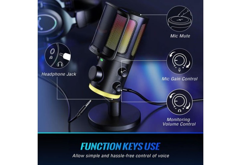 FIFINE AMPLIGAME AM6 CONDENSER MIC WITH GAME/CHAT MIX, NOISE SUPPRESSION, MONITORING, I/O LEVEL & RGB CONTROLS