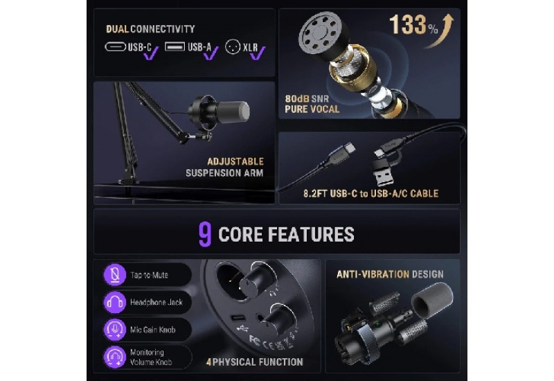 FIFINE AmpliTank K688CT USB/XLR Dynamic Microphone Kit with Boom Arm Stand